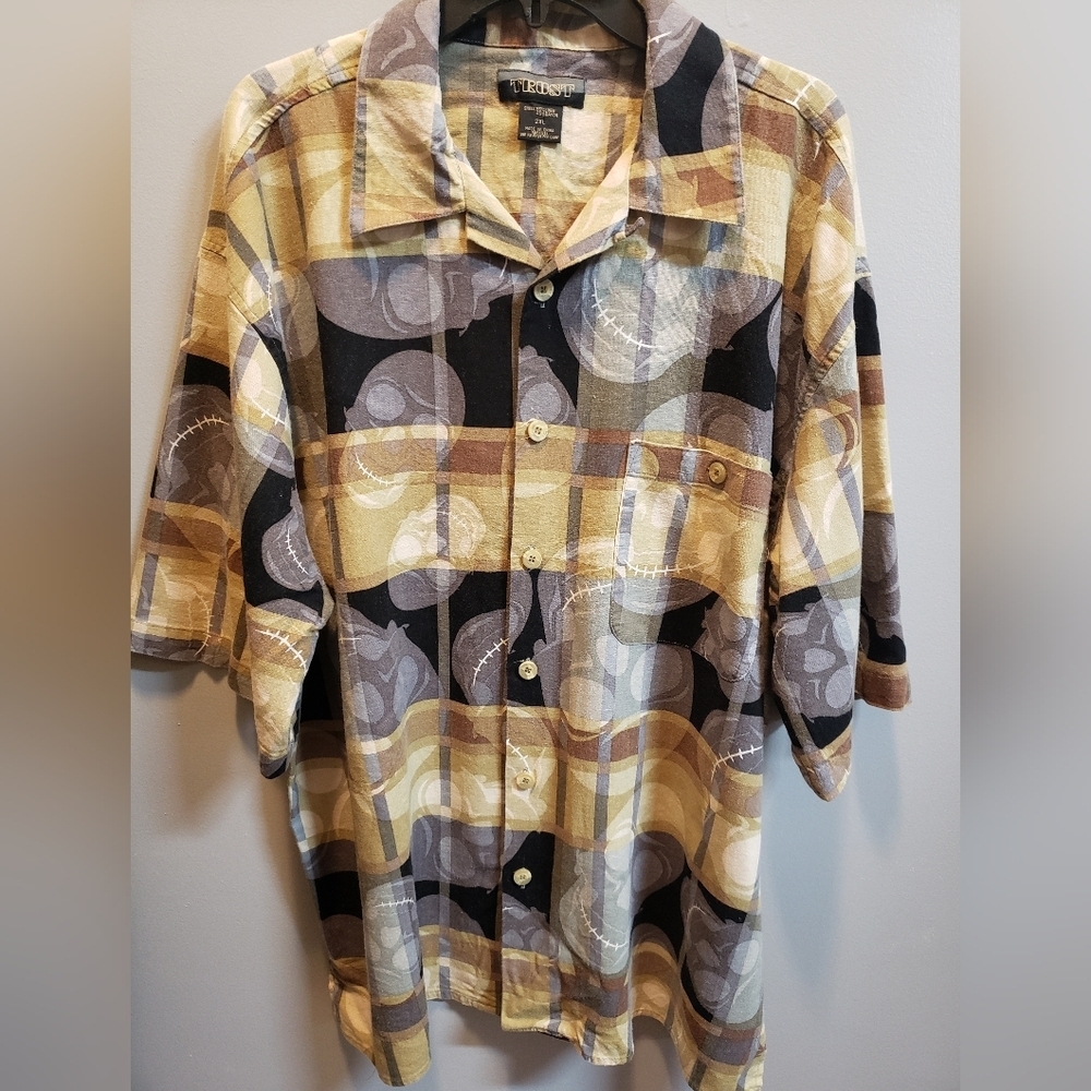 Men's Linen Blend 2XL Short Sleeve Plaid with Skull Design Shirt